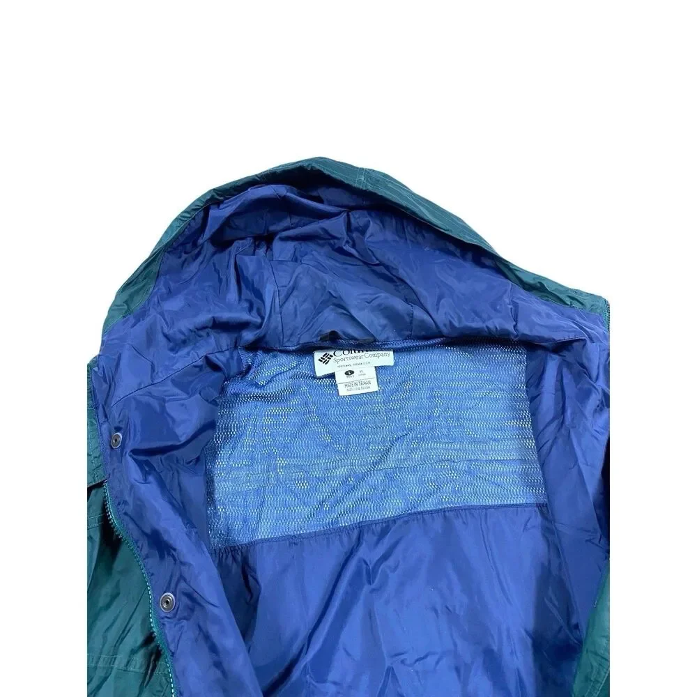 Vintage 90s Columbia Jacket Mens LARGE Green Hooded Waterproof Rain Coat